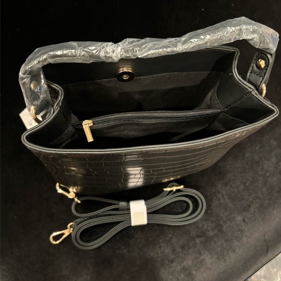 AOTA Elena Black Vegan Leather Croc Embossed Bucket Bag & Crossbody • NWT - Picture 9 of 16